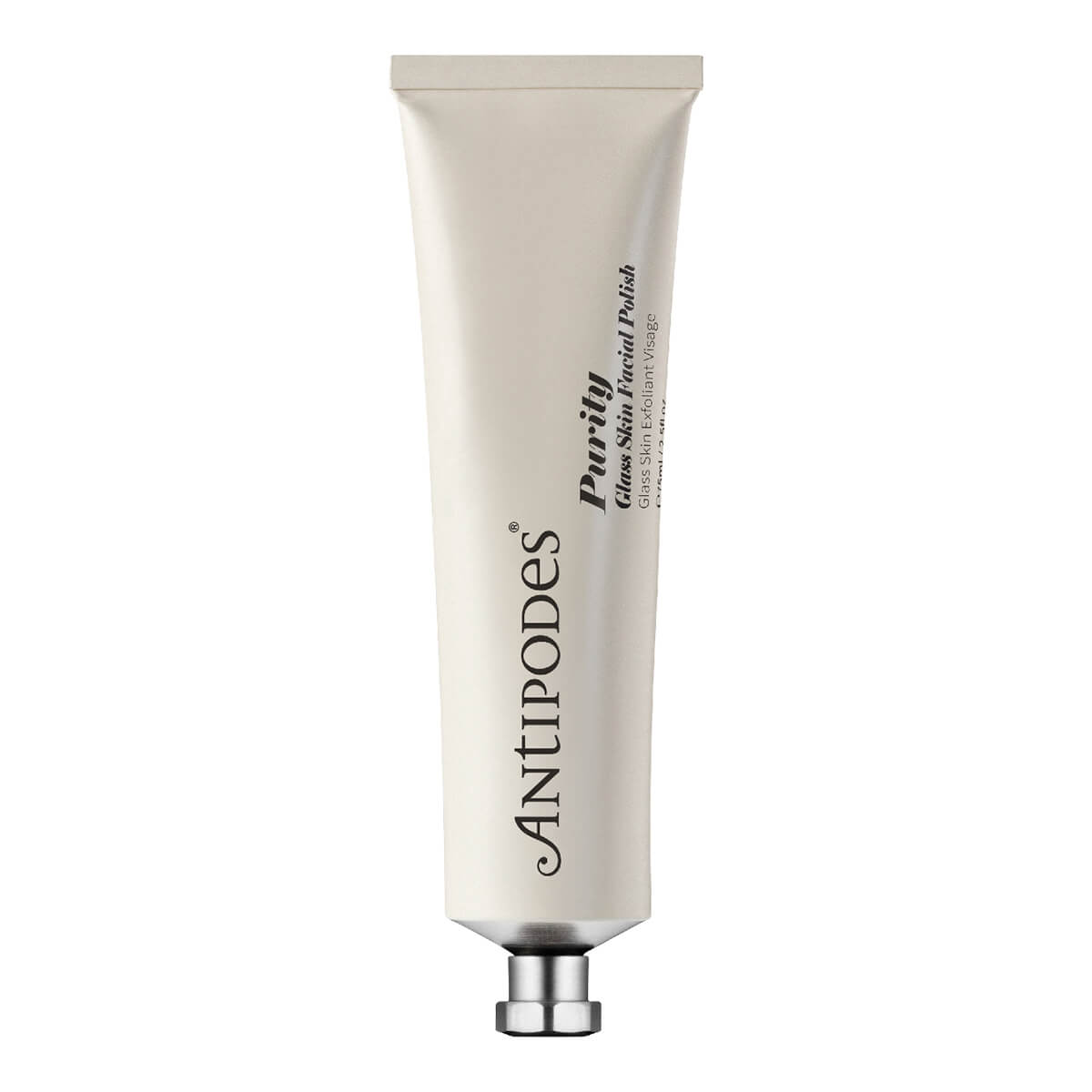 Tube of Purity Glass Skin Facial Polish on a solid white background. The tube is a cream color with a metallic silver cap, featuring black text.