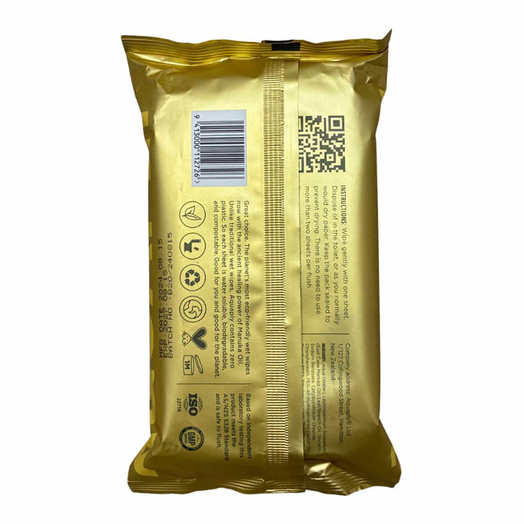Back of AQUAPLY Purifying Manuka Oil Wipes with ingredients, instructions for use, product information and a QR code linking to their website.