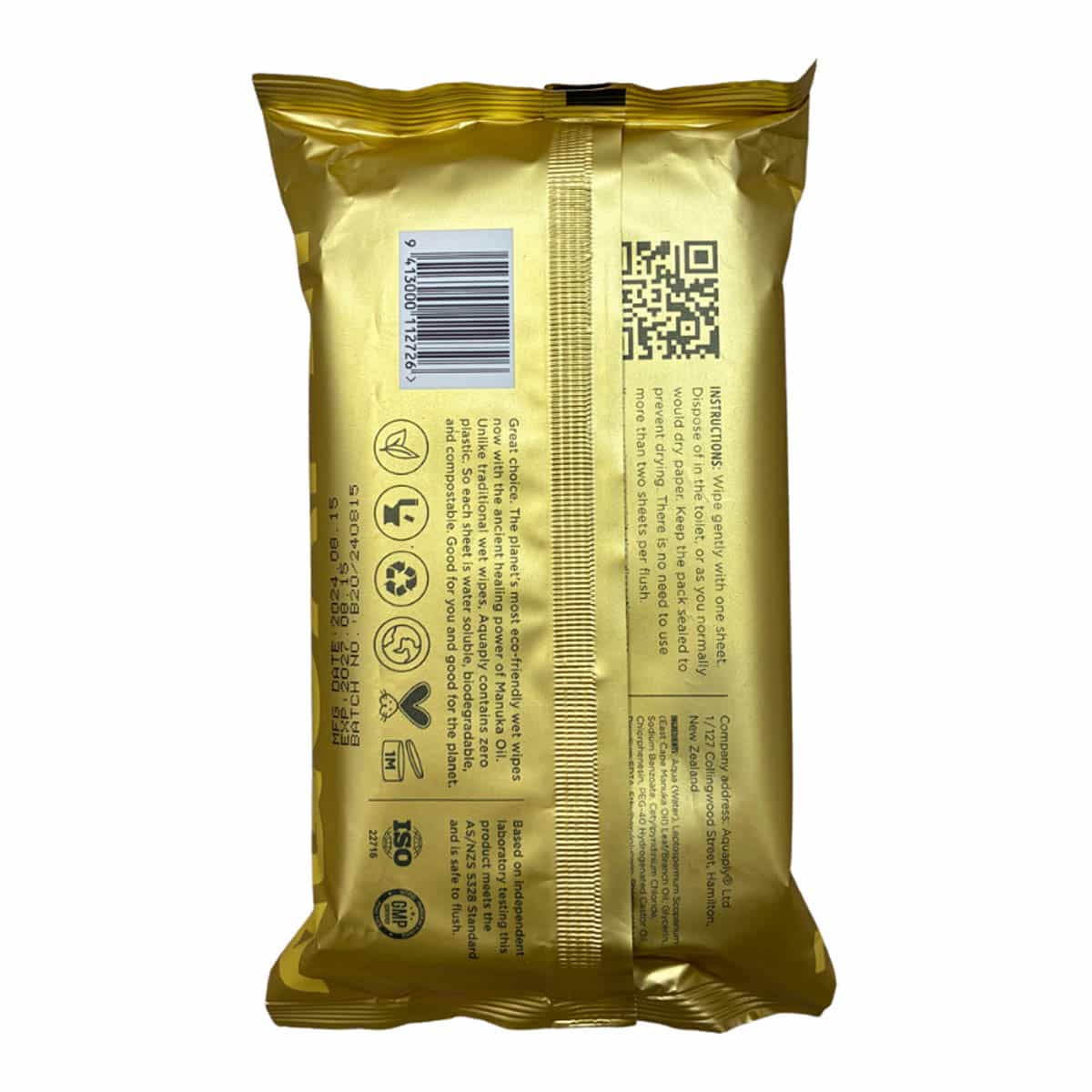 Back of AQUAPLY Purifying Manuka Oil Wipes with ingredients, instructions for use, product information and a QR code linking to their website.