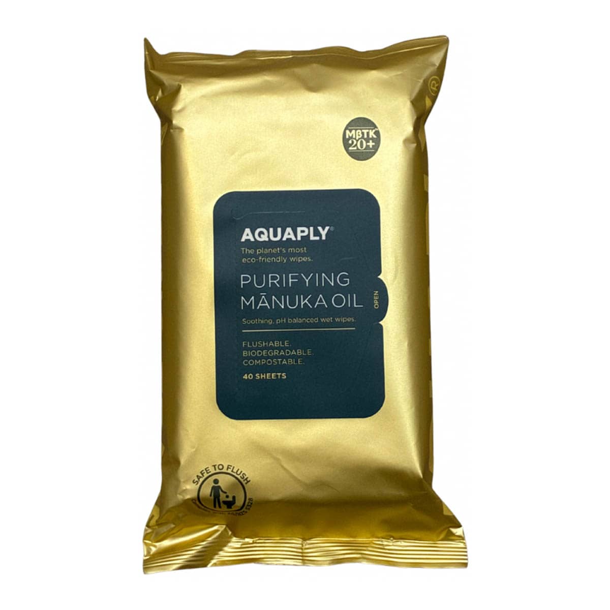 Gold package of Aquaply Purifying Manuka Oil wipes on a white background. Safe to flush.