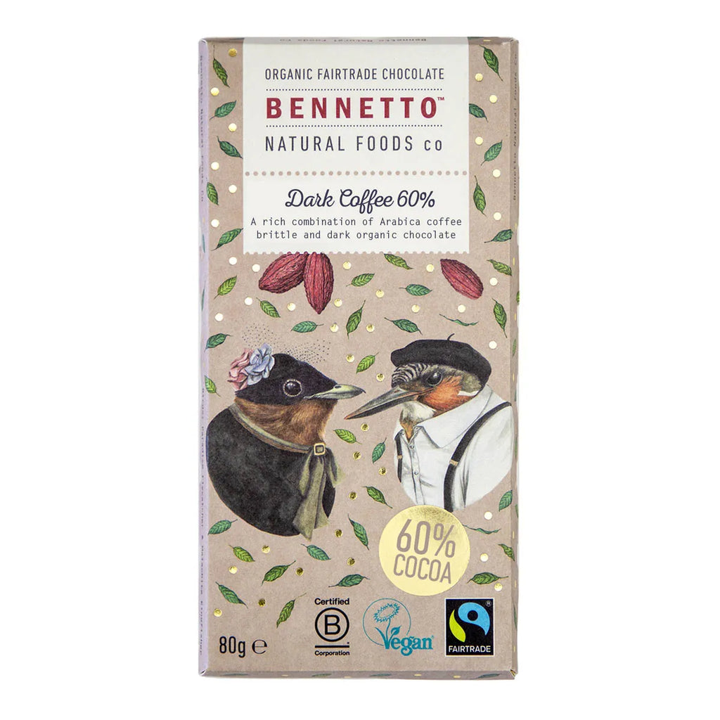 An 80g bar of Bennetto Natural Foods Co. Dark Coffee 60% chocolate, featuring a beige wrapper decorated with illustrations of two birds, cocoa pods, and leaves.