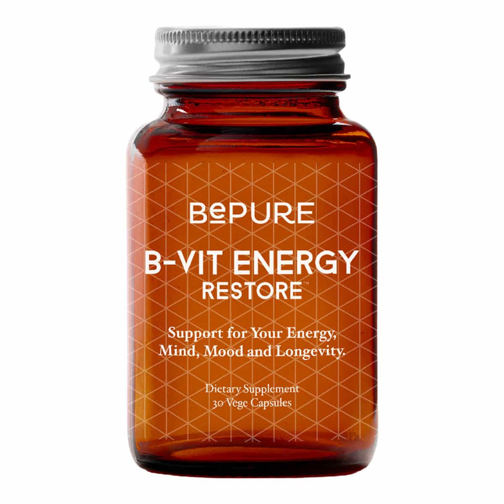 B-Vit Energy Restore 30 vege capsules supplement bottle with brown label on white background