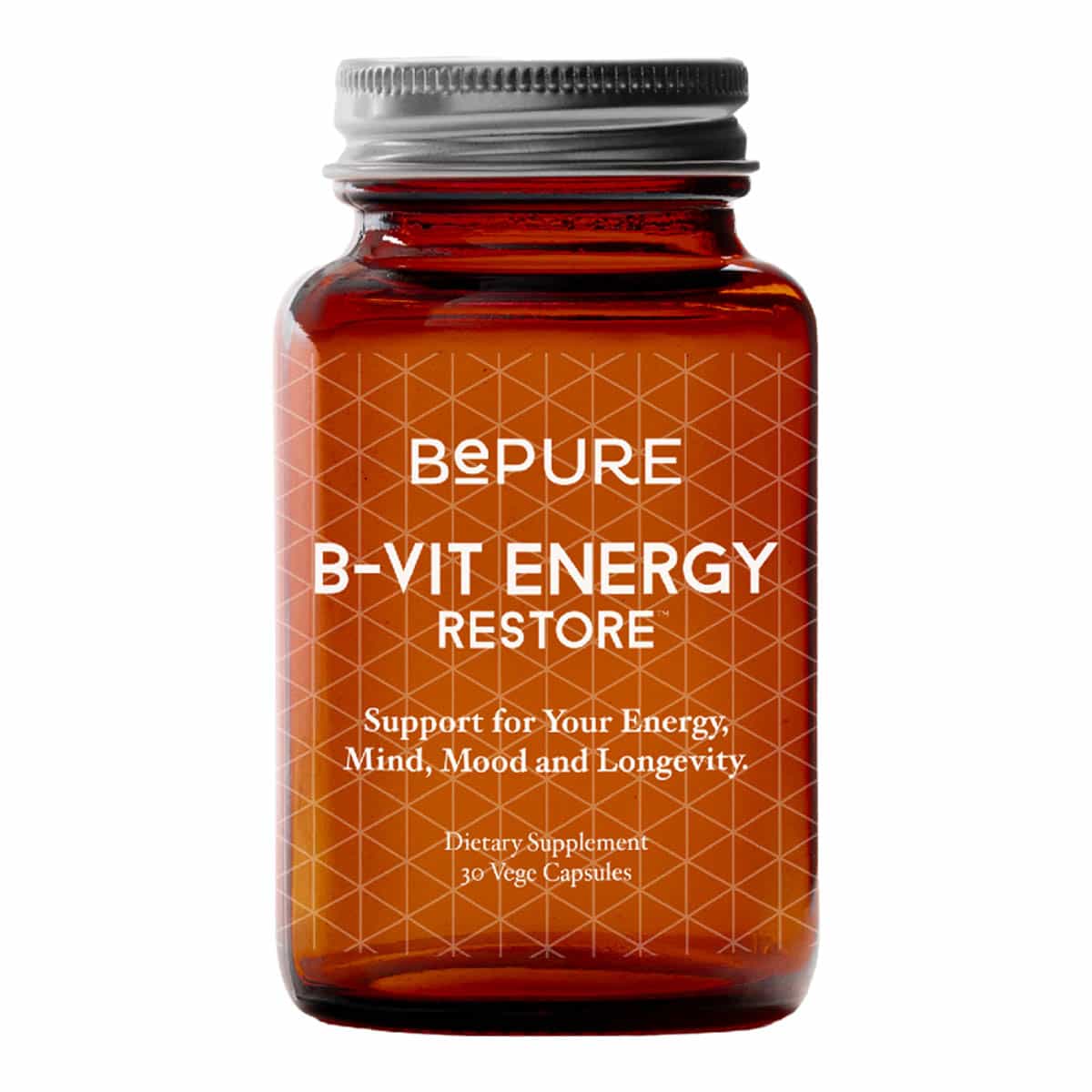 B-Vit Energy Restore 30 vege capsules supplement bottle with brown label on white background
