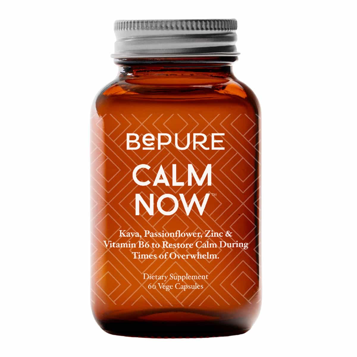 Brown supplement bottle labelled 'BePure Calm Now' 60 vege capsules on a white background.
