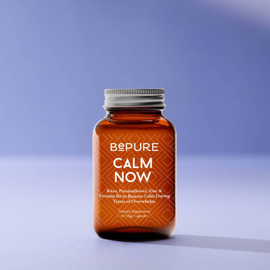 Brown supplement bottle labelled 'BePure Calm Now' on a gradient blue background.