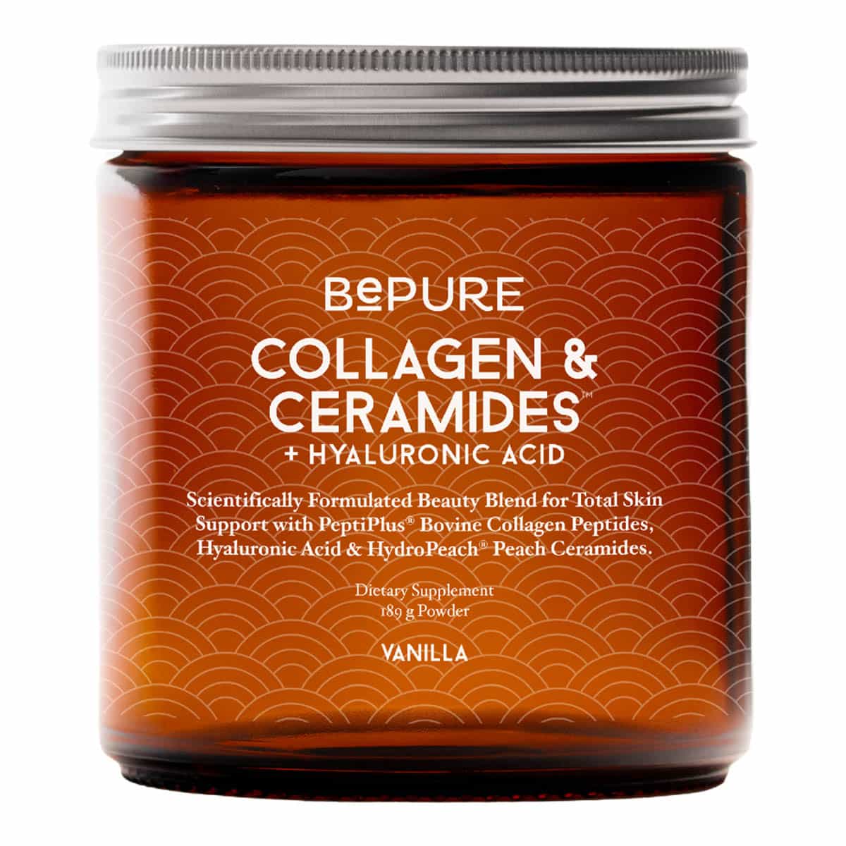 Jar of BePure Collagen & Ceramides + Hyaluronic Acid 189g dietary supplement on a white background. 