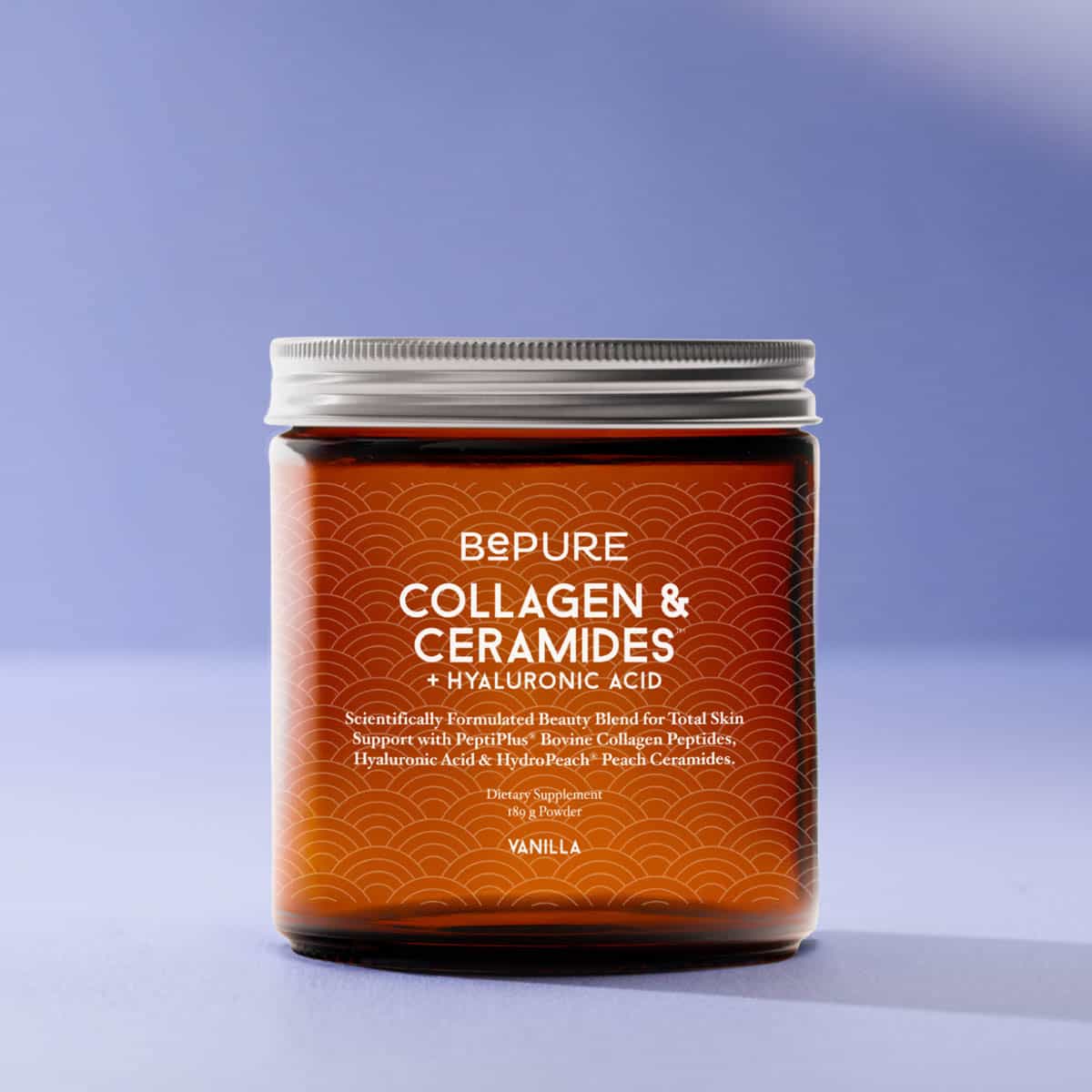 Jar of BePure Collagen & Ceramides with Vanilla flavour on a light purple background