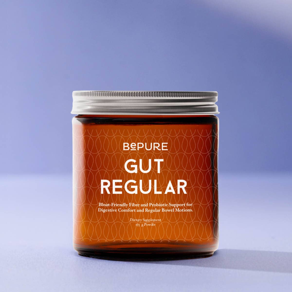 Jar of 'Gut Regular' supplement with 'BePure' branding on a light purple background