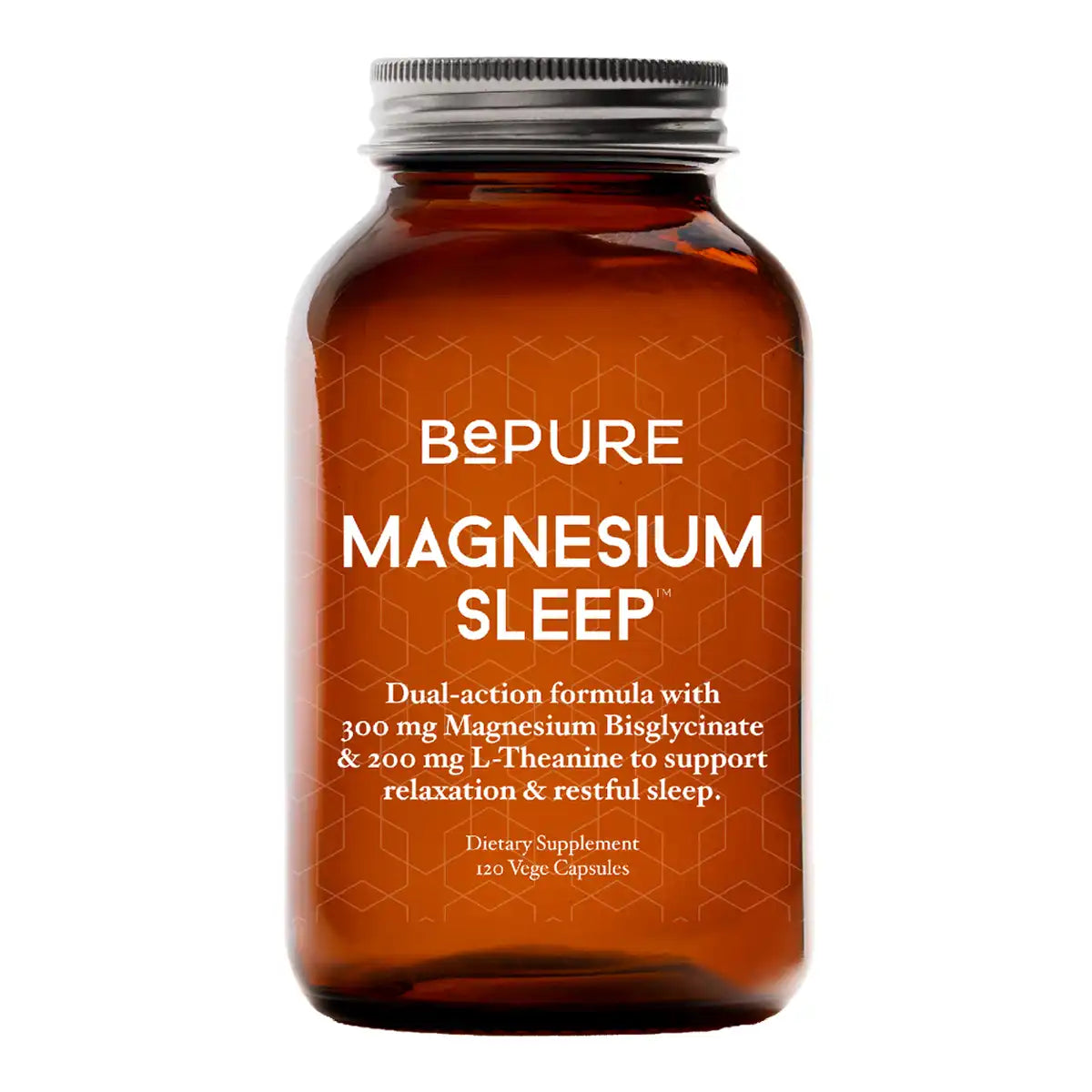 An amber glass bottle of BePure Magnesium Sleep dietary supplement with a silver metal screw cap.