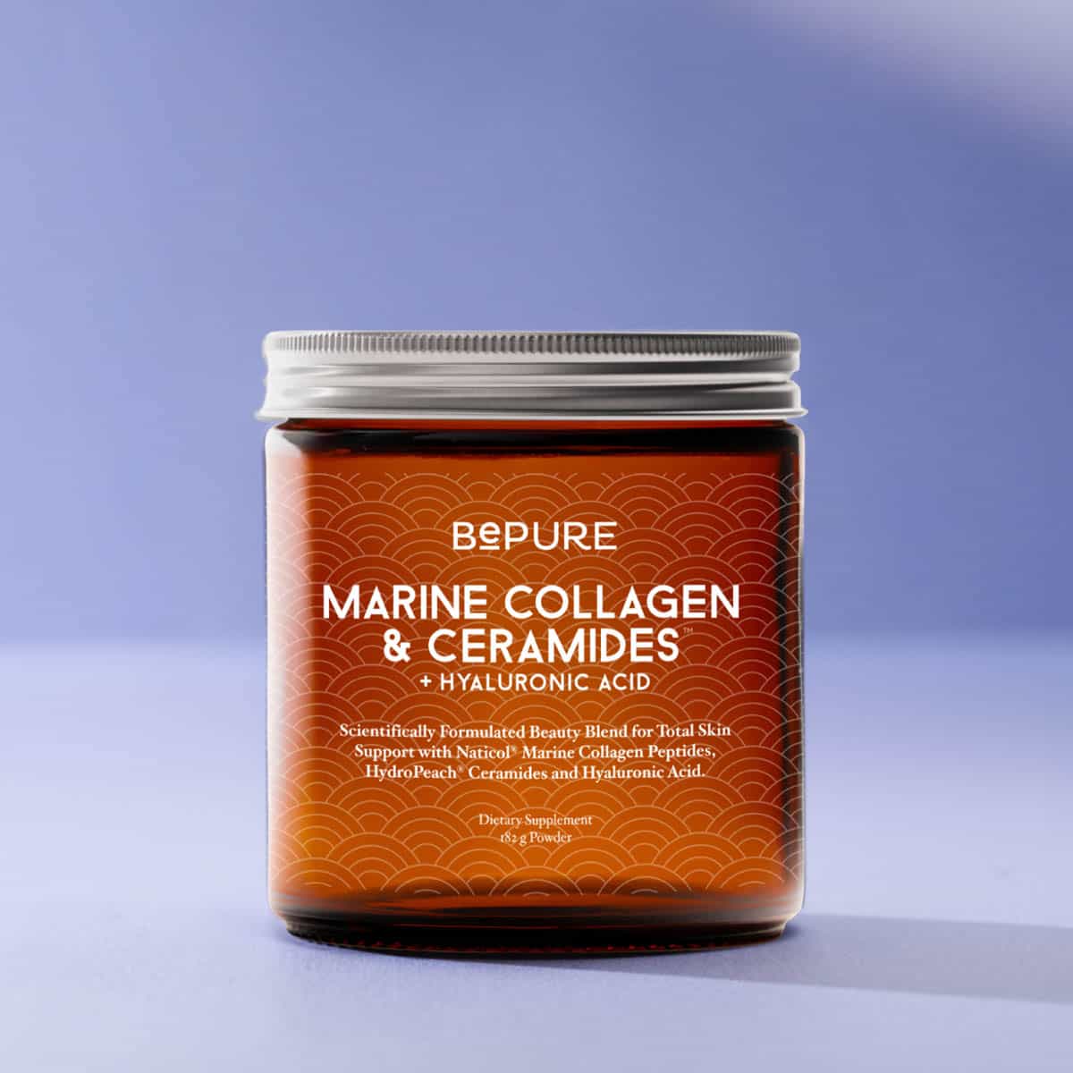 Jar of BePure Marine Collagen & Ceramides with a purple background
