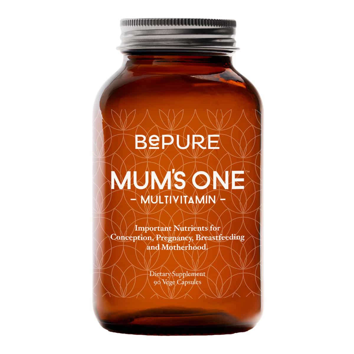 Brown supplement bottle labelled 'BePure Mum's One Multivitamin' on a white background