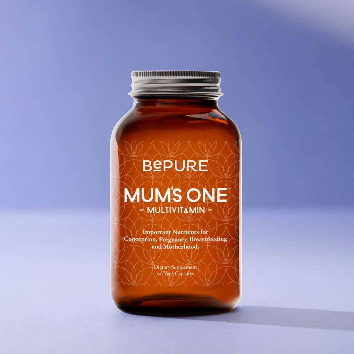 Bottle of BEPURE Mums One Multivitamin on a gradient blue background