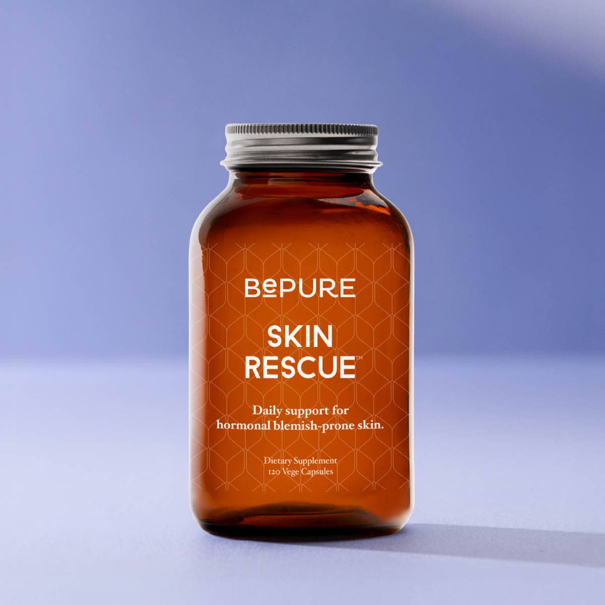 Bottle of BePure Skin Rescue supplement on a gradient blue background