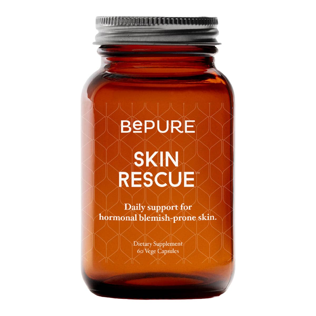 Brown supplement bottle labelled 'BePure Skin Rescue' 60 vege capsules on a white background.