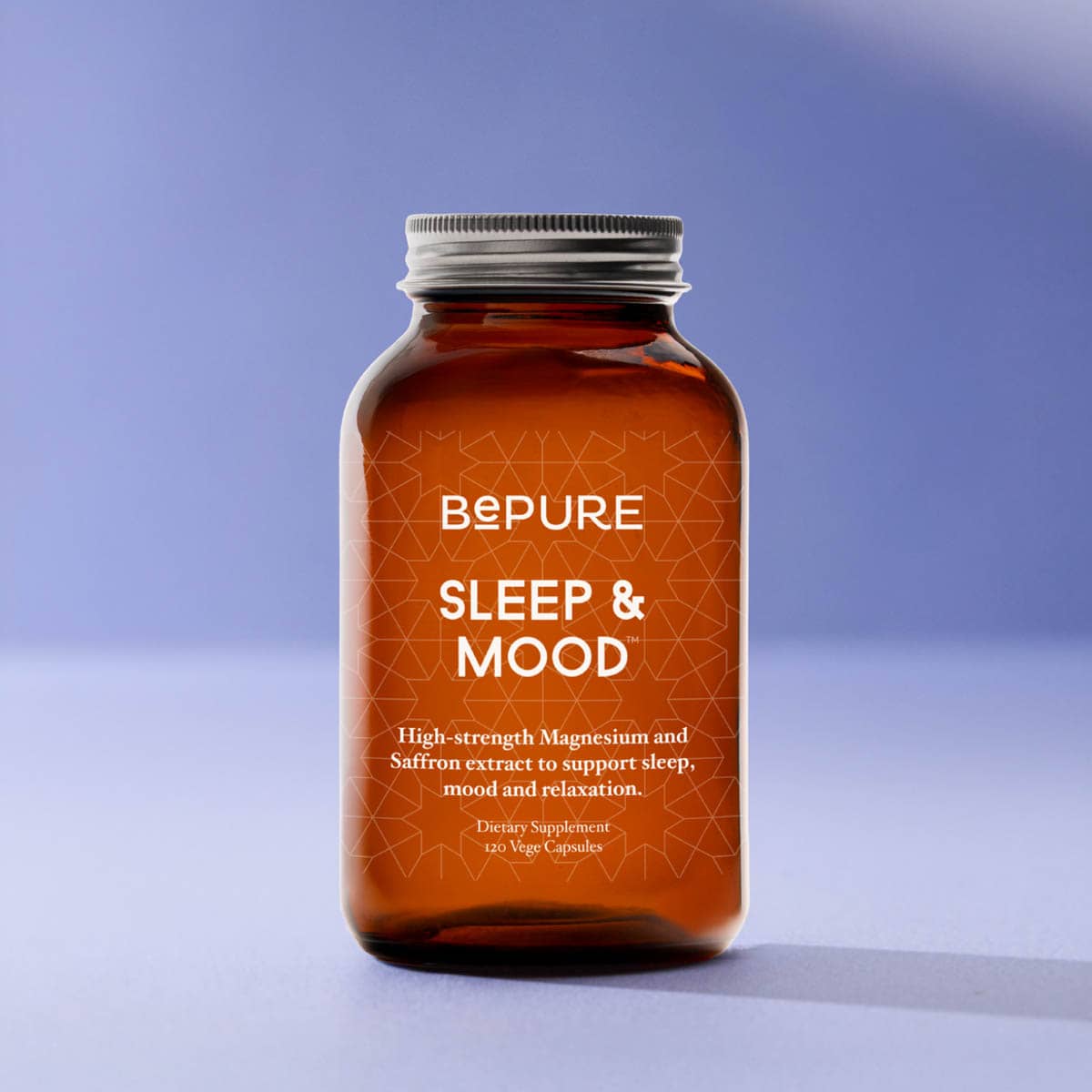Brown supplement bottle labelled 'BePure Sleep & Mood' on a gradient blue background