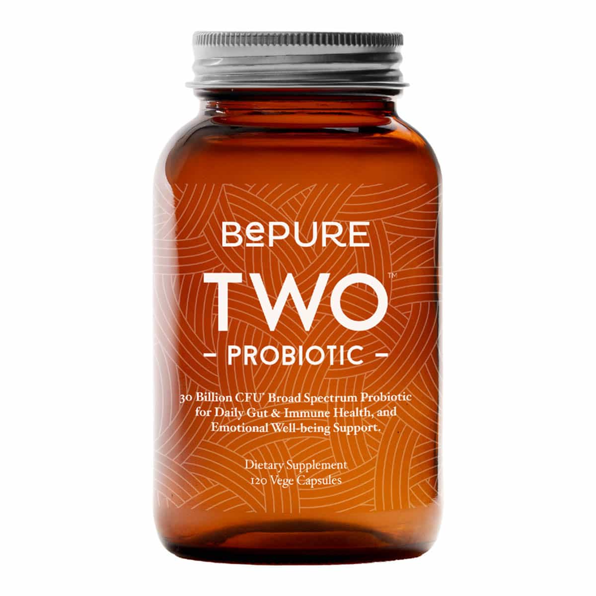 Brown supplement bottle labeled 'Bepure Two Probiotic' on a white background