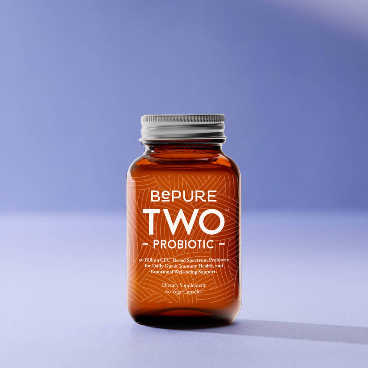 Bottle of BePure Two Probiotic on a gradient blue background