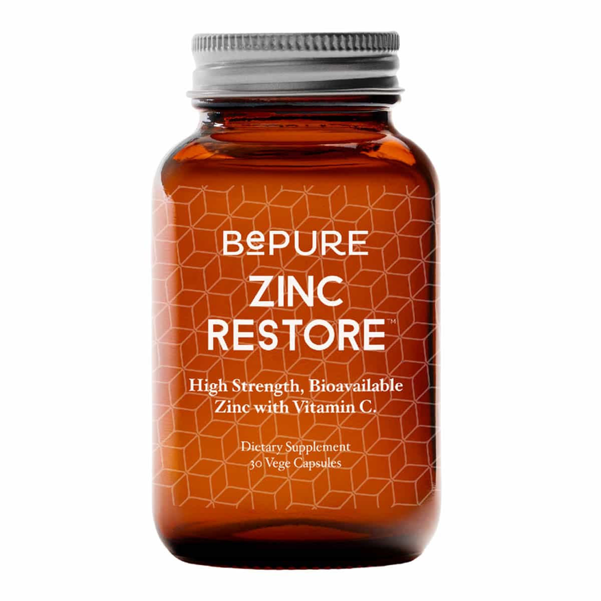 Bottle of Bepure Zinc Restore 30 Vege Capsules dietary supplement on a white background