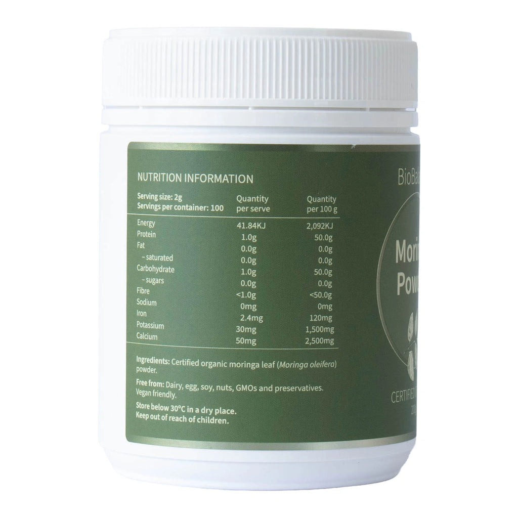 Container of BioBalance Organic Moringa Powder 200g with label showing nutritional information & ingredients.