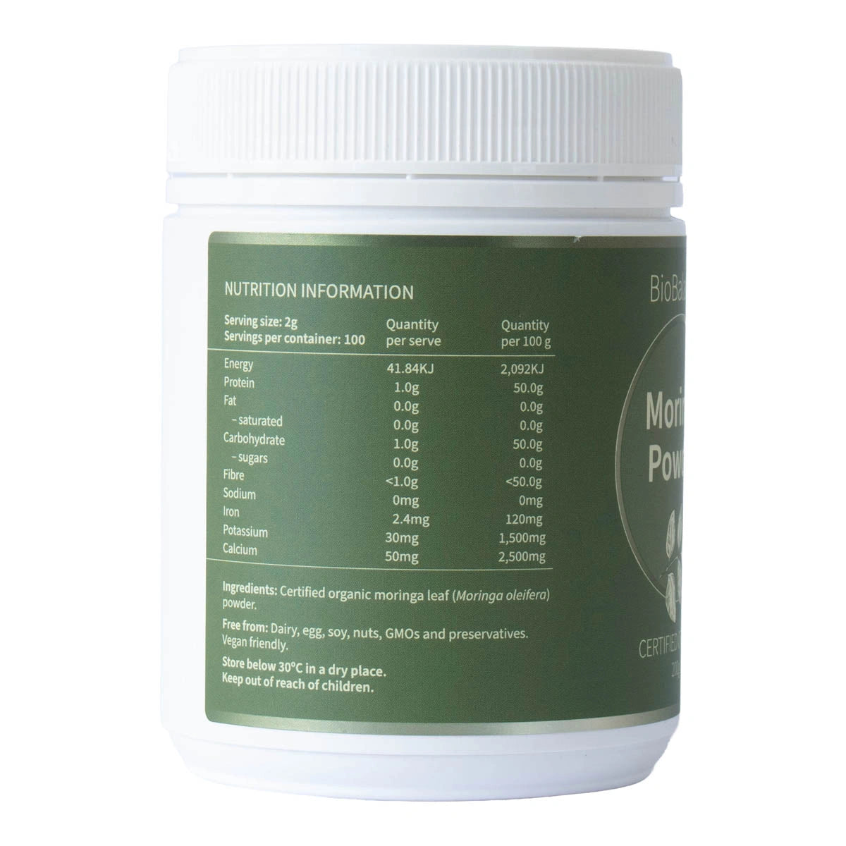 Container of BioBalance Organic Moringa Powder 200g with label showing nutritional information & ingredients.
