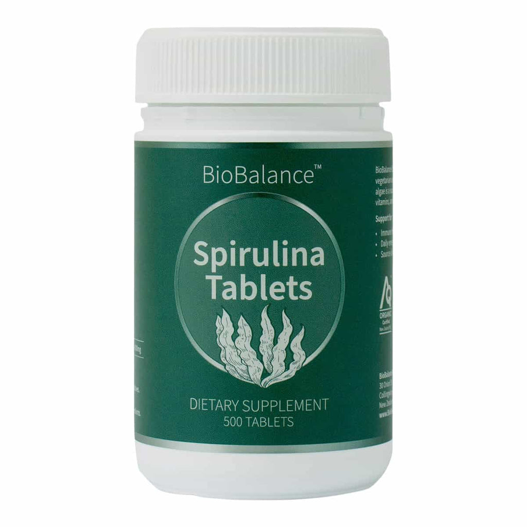 Bottle of BioBalance Spirulina Tablets on a white background. 500 Tablets.