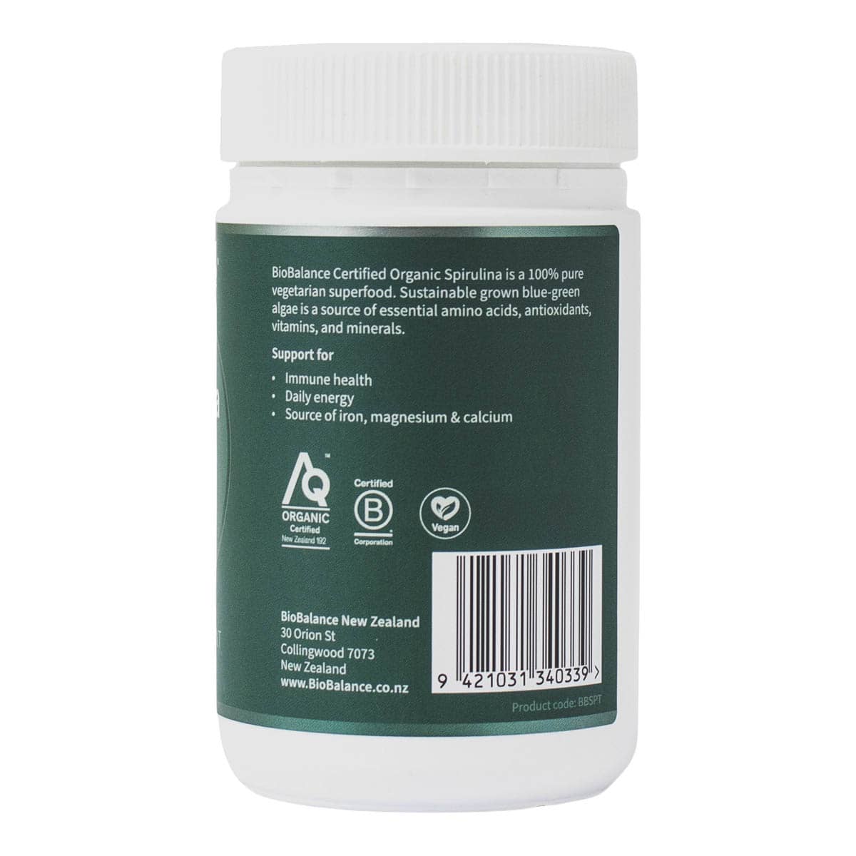 Container of Biobalance Certified Organic Spirulina with green label and white cap on a white background. Support for immune health, daily energy, source of iron, magnesium & calcium.