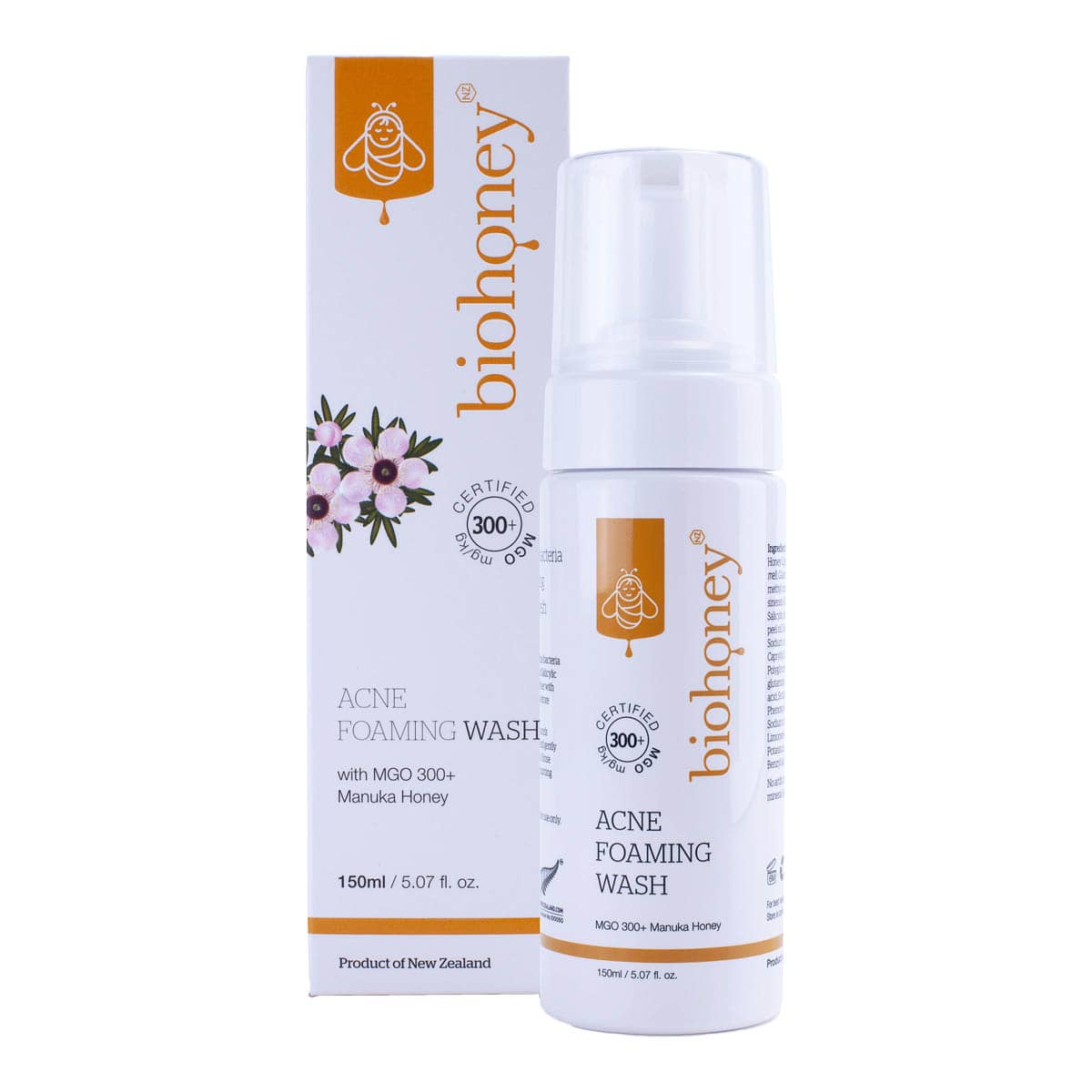 Biohoney Acne Foaming Wash bottle and packaging on a white background