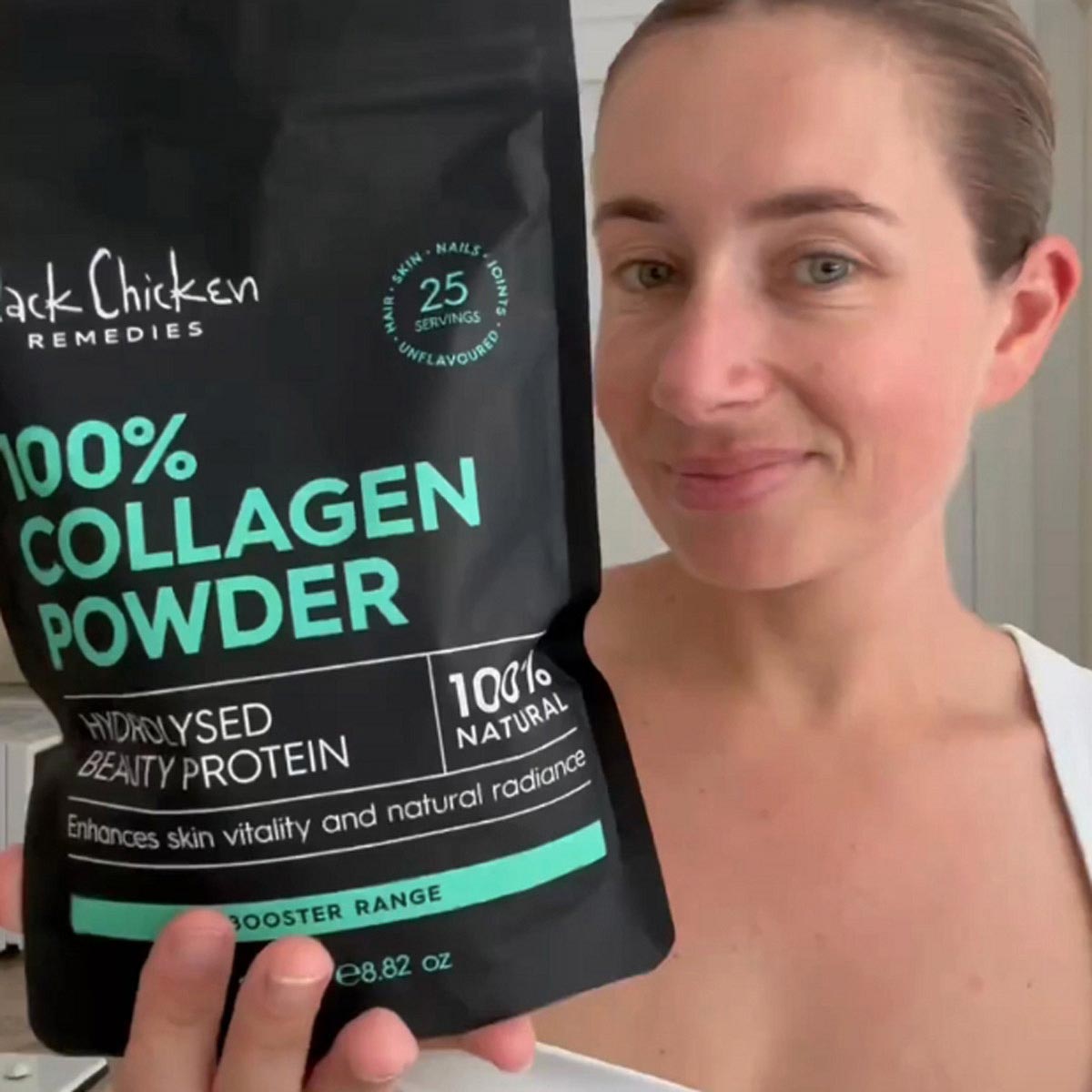 Person holding a package of Black Chicken Remedies 100% Collagen Powder.