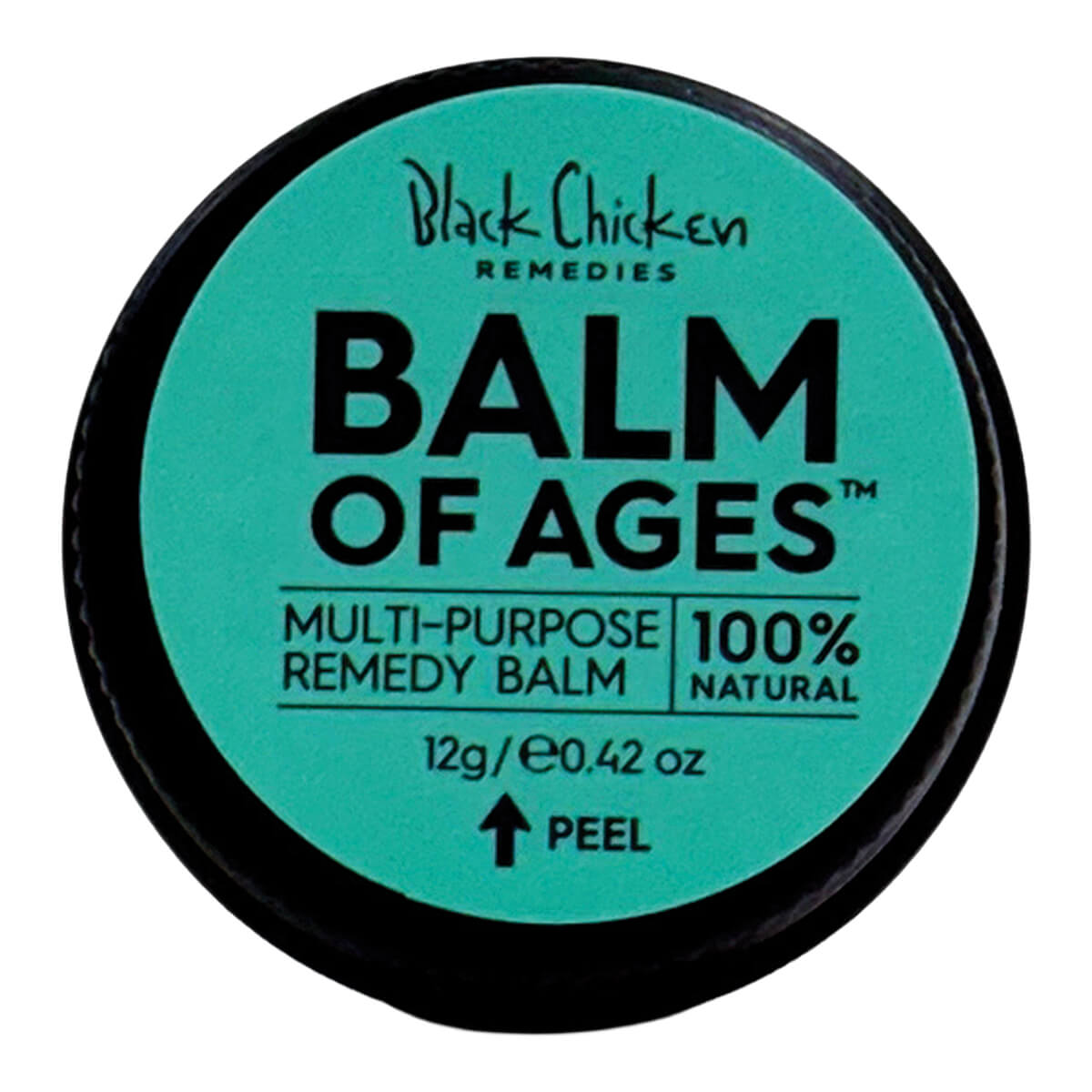 Balm of Ages balm container with 'Black Chicken Remedies' branding on a white background