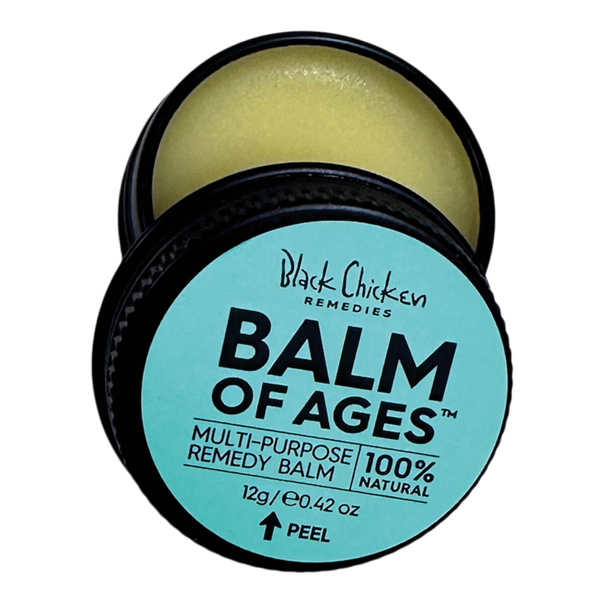 Balm of Ages balm from Black Chicken Remedies with a black lid on a white background