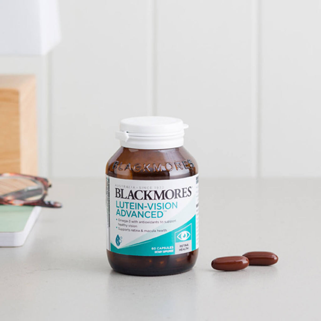 Blackmores Lutein-Vision Advanced supplement bottle on a white surface.