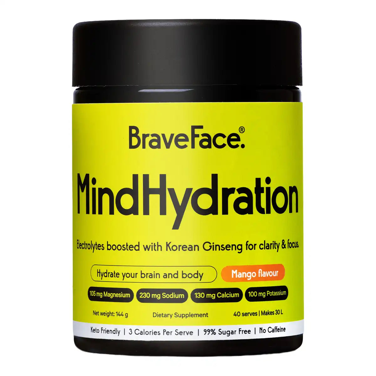 BraveFace MindHydration mango flavoured electrolyte powder in a dark jar with a black lid and bright yellow label.