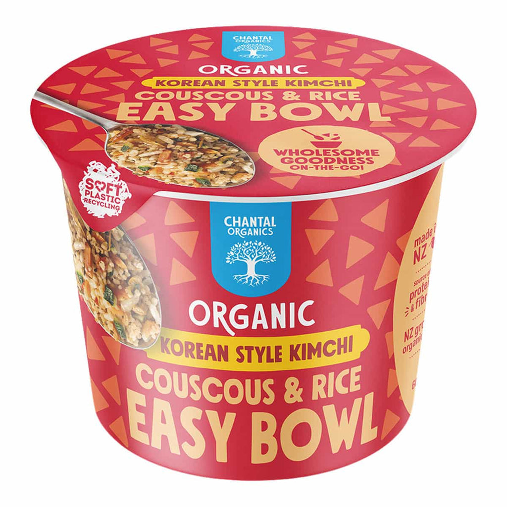 Chantal Organics Korean Style Kimchi Couscous & Rice Easy Bowl. Red packaging on a white background.
