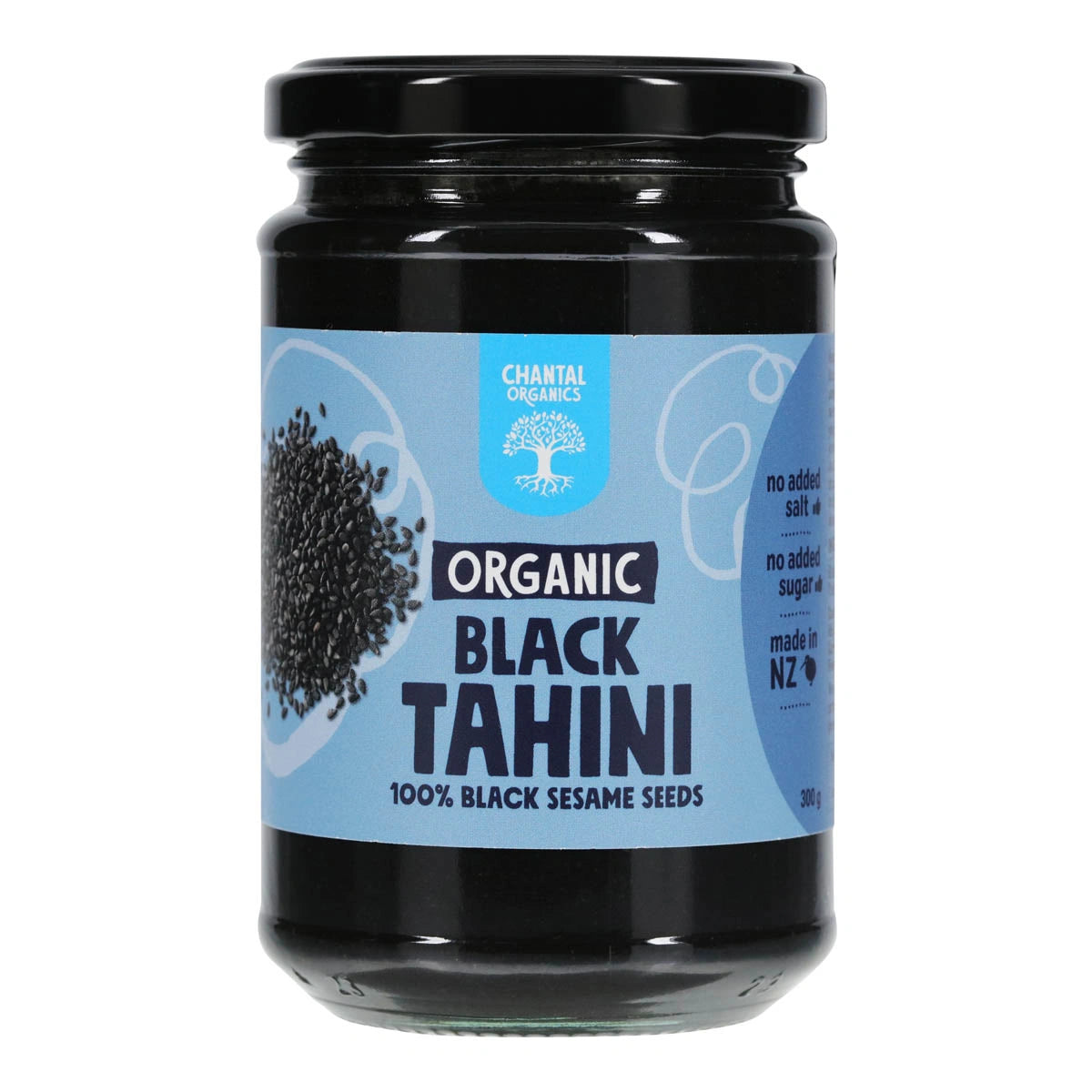 300gm jar of organic black tahini with a blue label on a white background