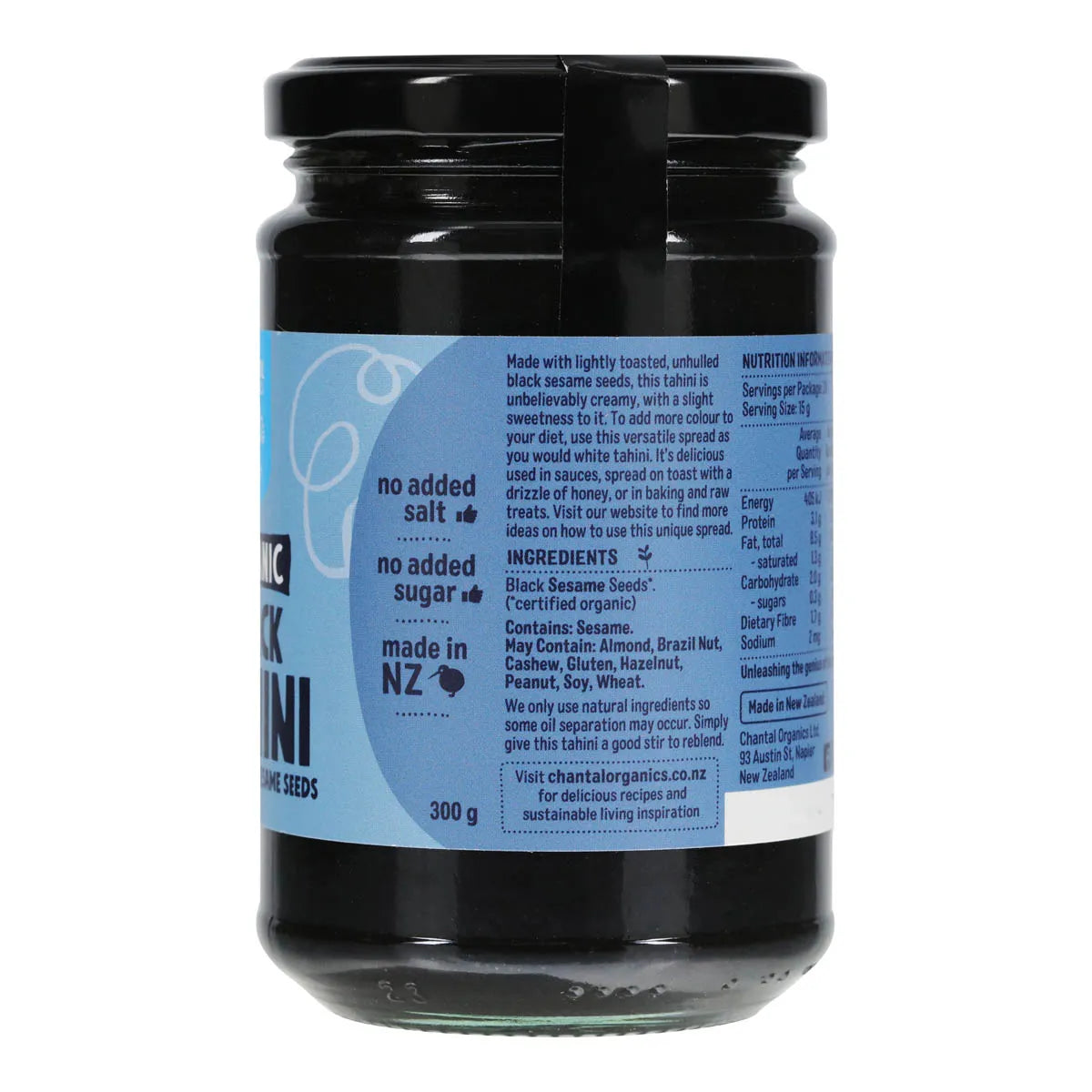 Black Tahini with blue label showing ingredients and product description.