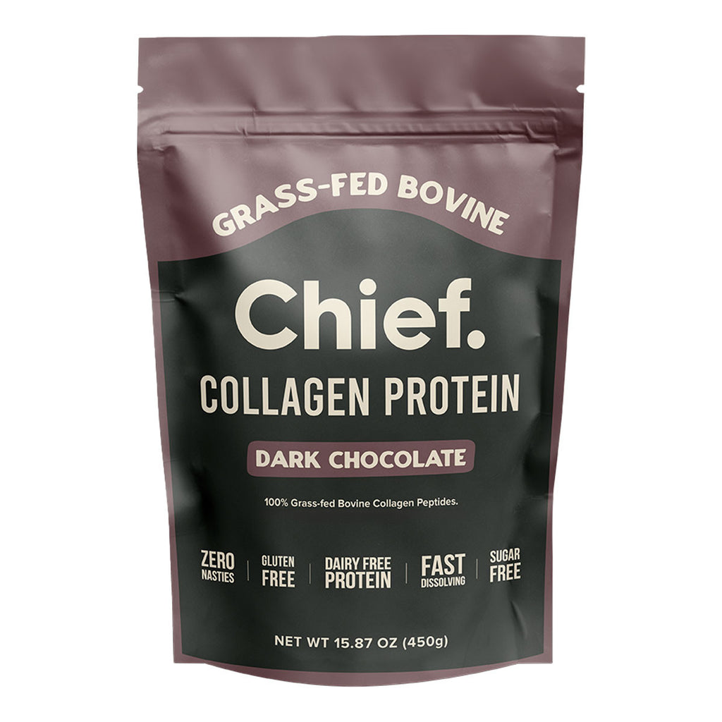 Chief Collagen Protein package in dark chocolate flavour on a white background.