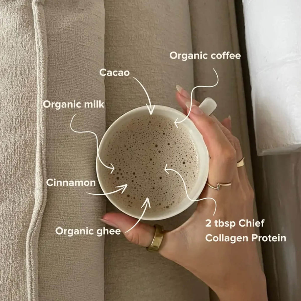 Hand holding a cup with ingredients labelled on a neutral background.