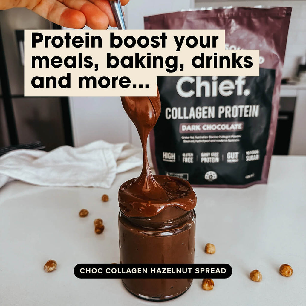Chocolate collagen hazelnut spread being poured into a jar with a package of Chief Collagen Protein in the background.