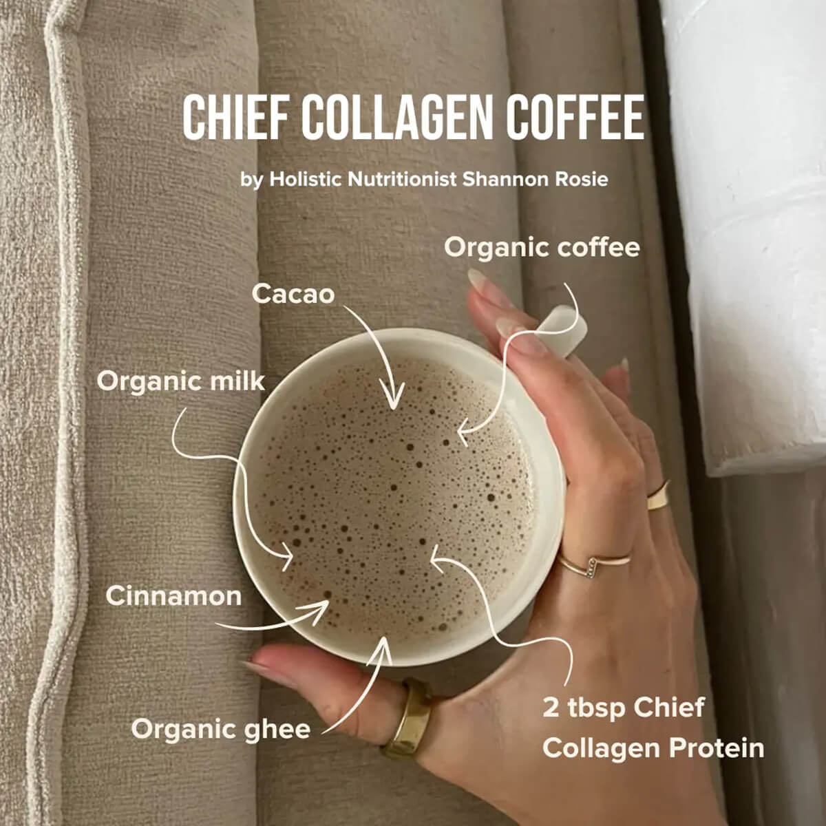 Hand holding a cup of Chief Collagen Coffee with ingredients labelled.