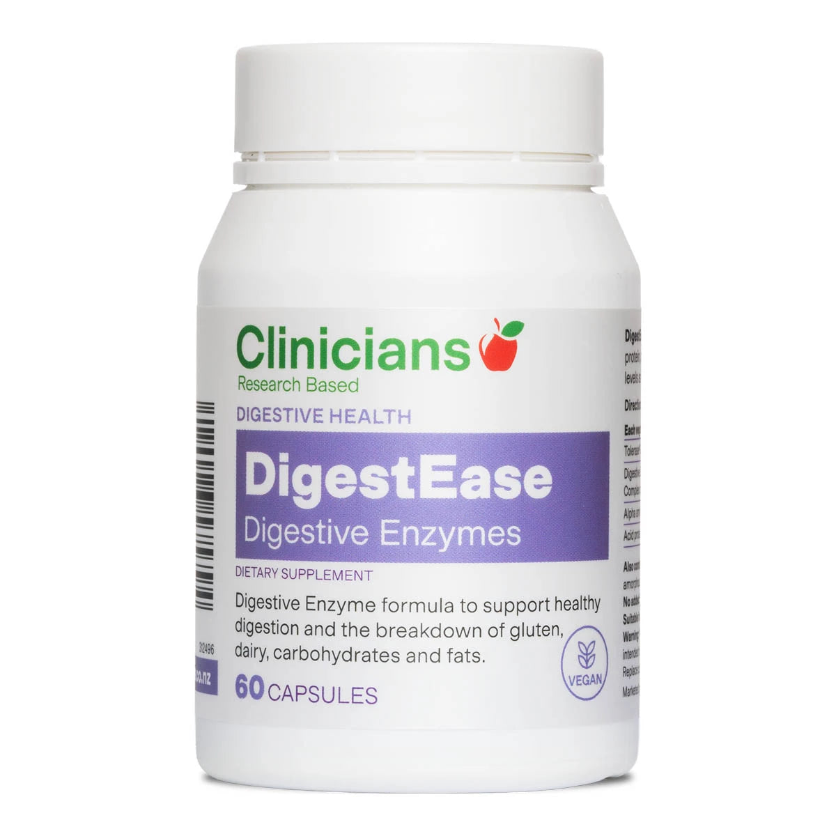 Clinicians DigestEase Digestive Enzymes 60 capsules supplement bottle on a white background. Digestive enzyme formula to support healthy digestion and the breakdown of gluten, dairy, carbohydrates and fats.