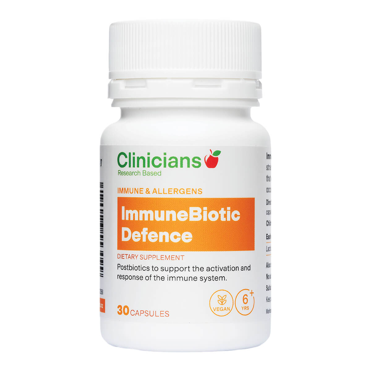 Supplement bottle labeled 'ImmuneBiotic Defence' by Clinicians on a white background.