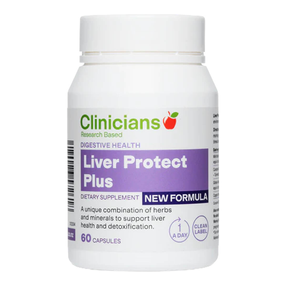 Supplement bottle labeled 'Liver Protect Plus' by 'Clinicians' on a white background