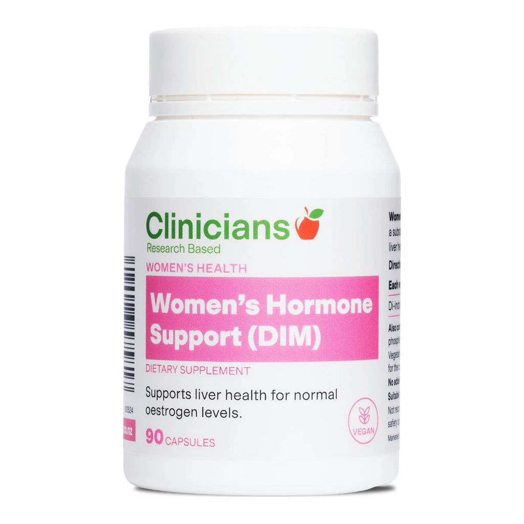 Clinicians Women's Hormone Support (DIM) 90 capsules supplement bottle displayed on a white background. Supports liver health for normal oestrogen levels.
