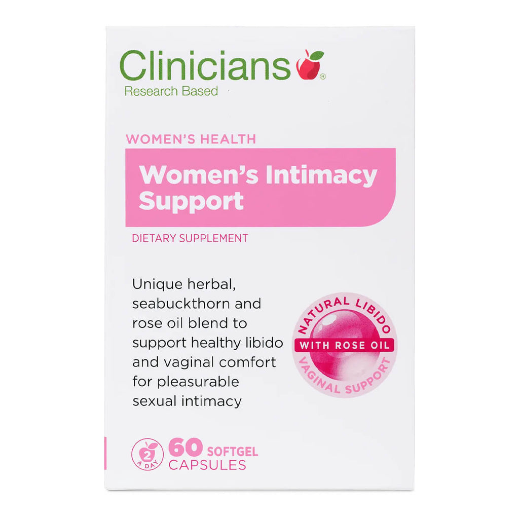 Clinicians Women's Intimacy Support dietary supplement packaging on a white background.