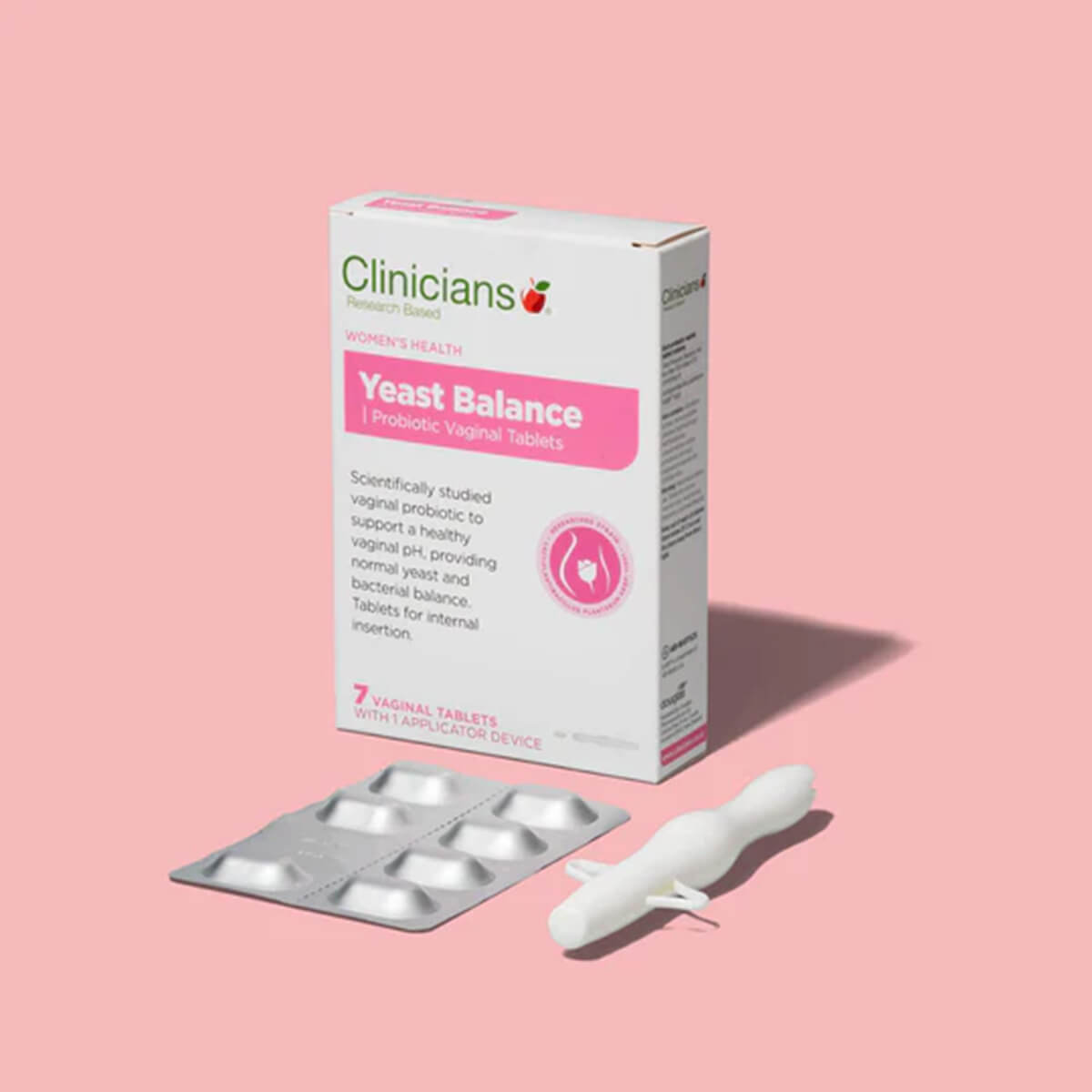 Clinicians Yeast Balance product packaging with tablets and applicator on a pink background.