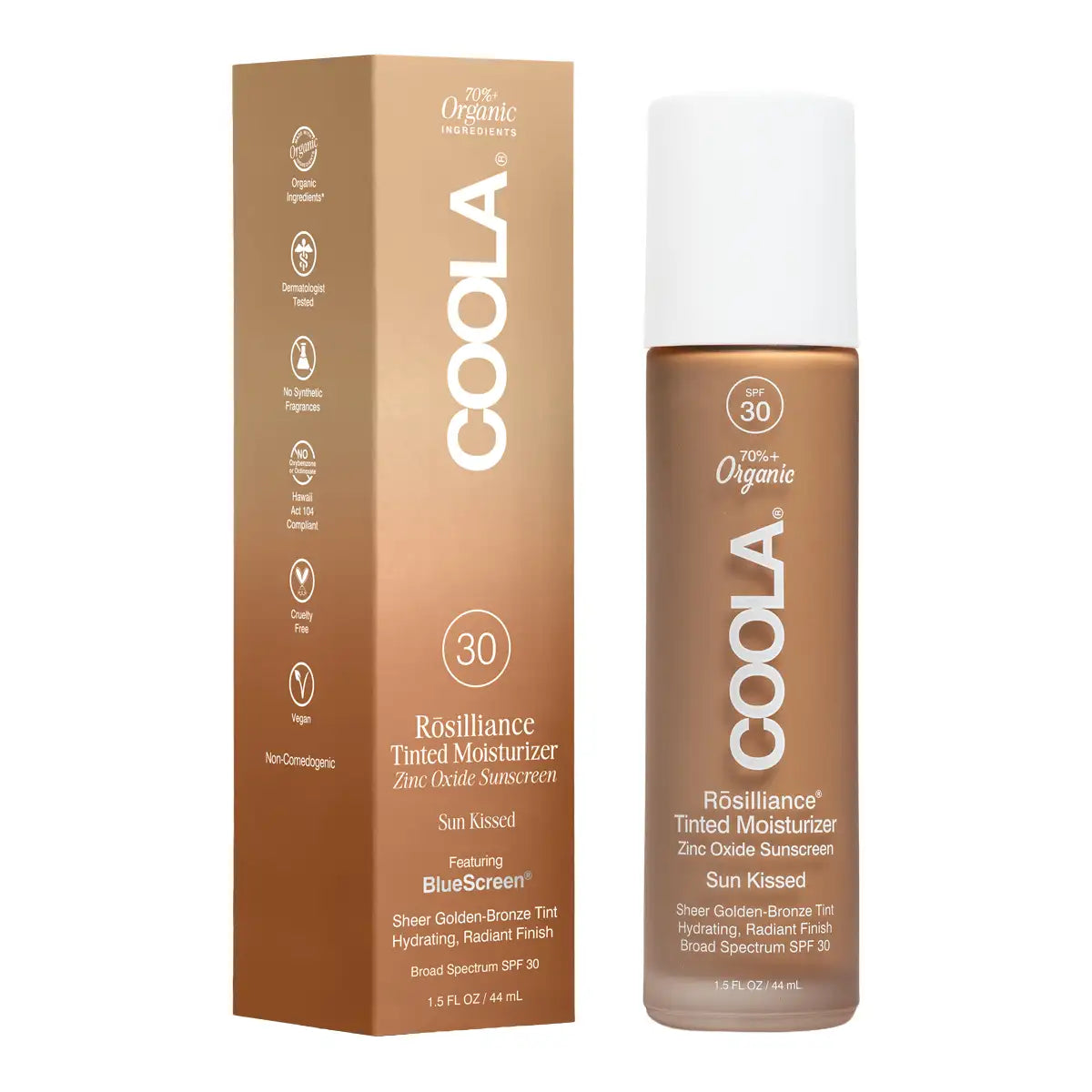 COOLA Rosilliance Tinted Moisturizer SP F30 in San Kissed shade, frosted bottle next to its brown cardboard packaging box on a white background.