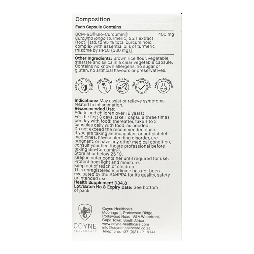 The back of a supplement box showing composition, ingredients, usage instructions, and Coyne Healthcare branding on a white background.