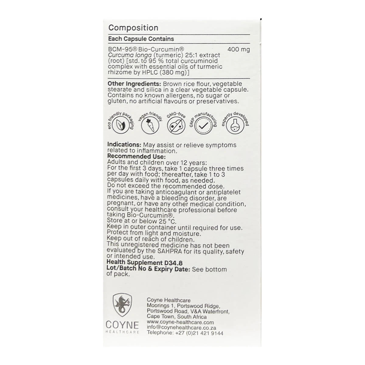 The back of a supplement box showing composition, ingredients, usage instructions, and Coyne Healthcare branding on a white background.
