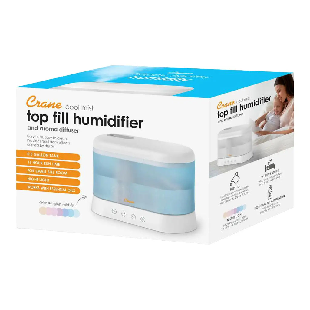 Product box for Crane Top Fill Humidifier and Aroma Diffuser, showing an image of the product with some text.