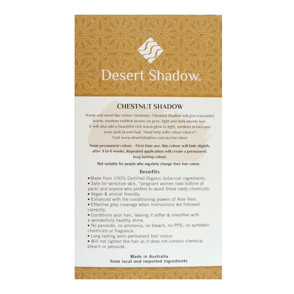 Desert Shadow hair color packaging with text on a white background.